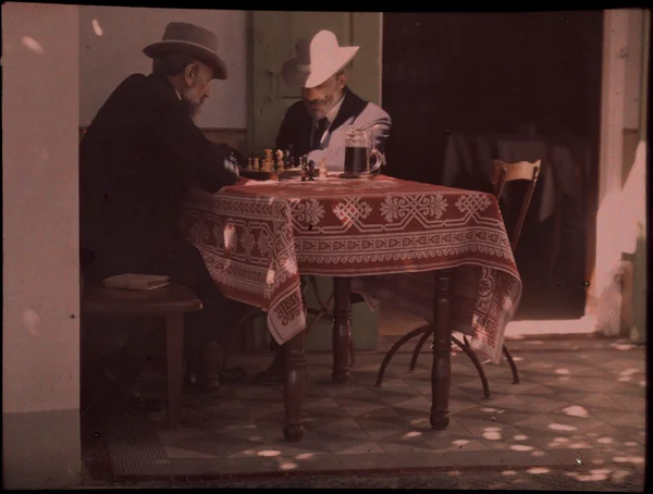 two-men-playing-chess-on-a-clothed-table-in-natural-light-and-tree-shadow-with-hats all-gender