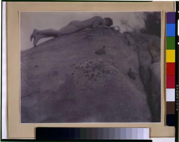 nude-young-man-rocks-tortoise-shepherd-staff-reclining male
