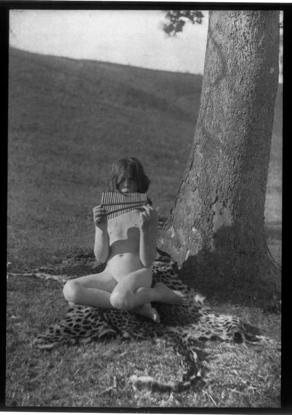 nude-young-person-pan-pipes-leopard-skin-nature male