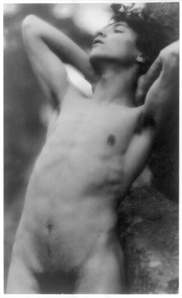nude-youth-laurel-wreath-rock-hands-behind-neck-cropped-thighs male