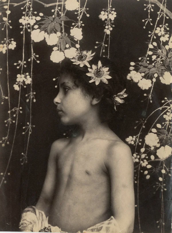 girl-with-passion-flowers-in-hair-before-japanese-fabric female
