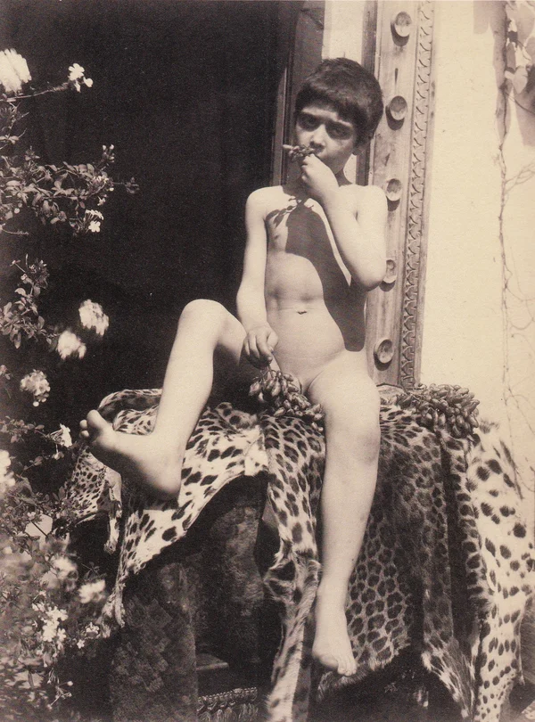 nude-boy-sitting-on-leopard-fur male