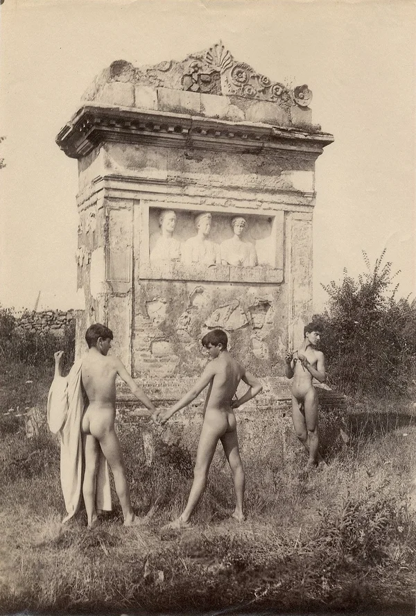 three-nude-youth-in-front-of-tomb-of-rabirii-via-appia-rome male