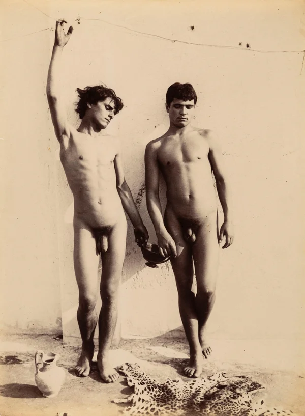 two-standing-youths-with-greek-vase-and-leopard-skin male